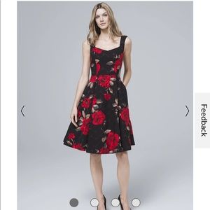 White House Black Market black and red roses fit and flare dress.